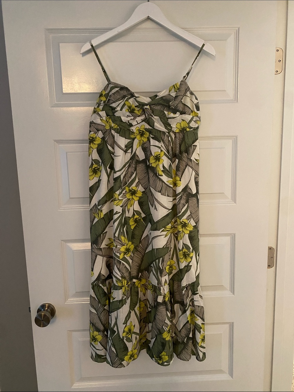 Banana Republic White Midi Dress with Green Leaf & Yellow Floral Print
